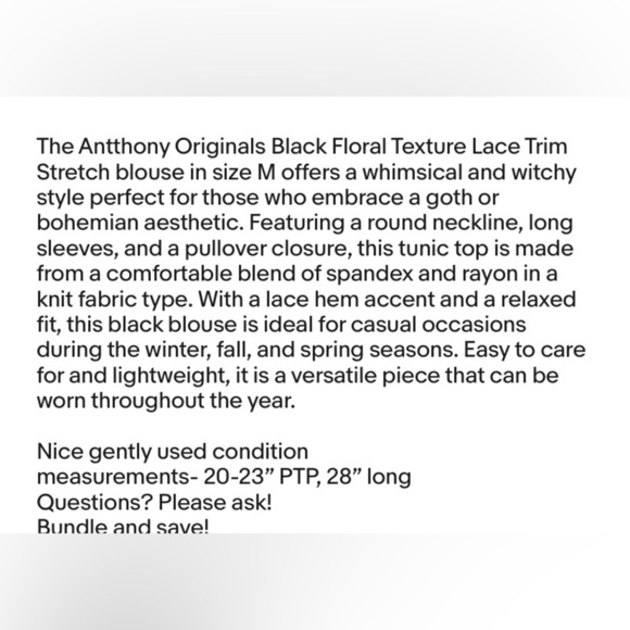 Antthony Originals Black Floral Texture Lace Trim Stretch Sz M Whimsygoth Witchy - Picture 8 of 9